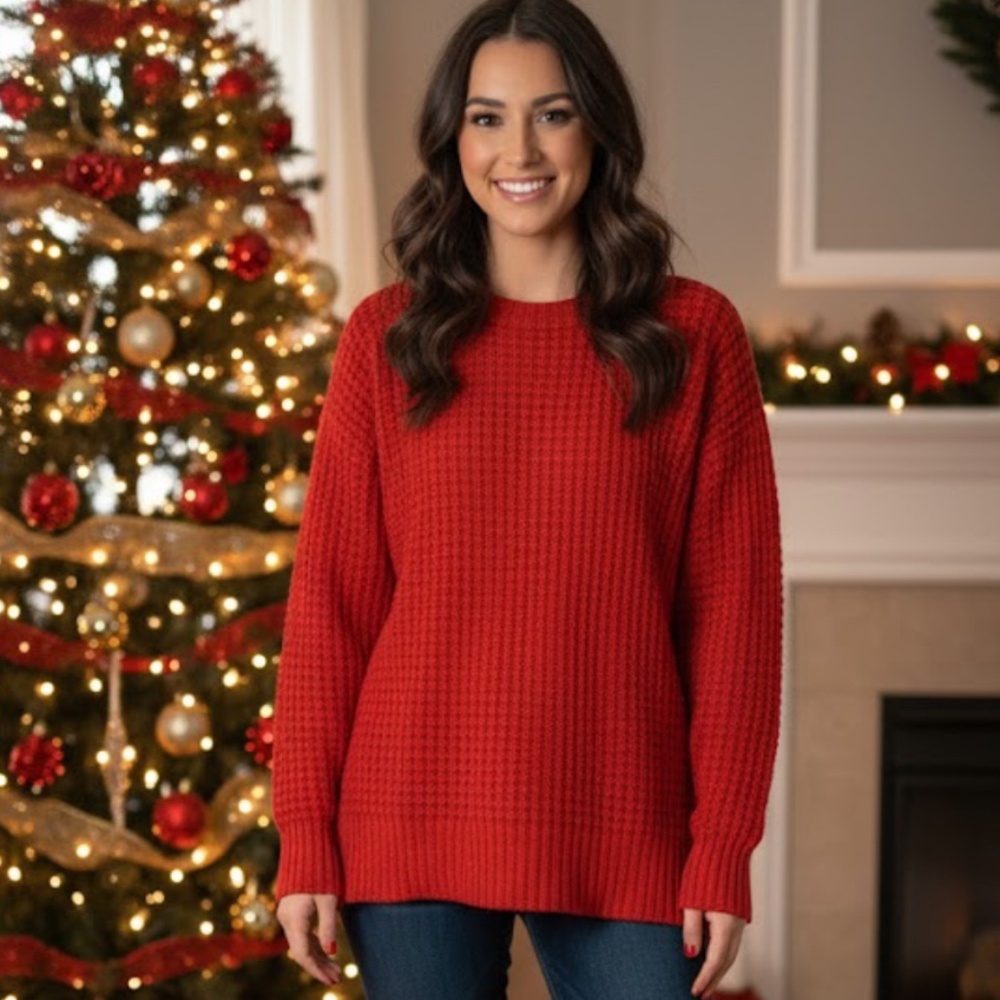 Zenana Premium Long Chunky Knit Sweater Women’s Large Red‎ Oversized Thick